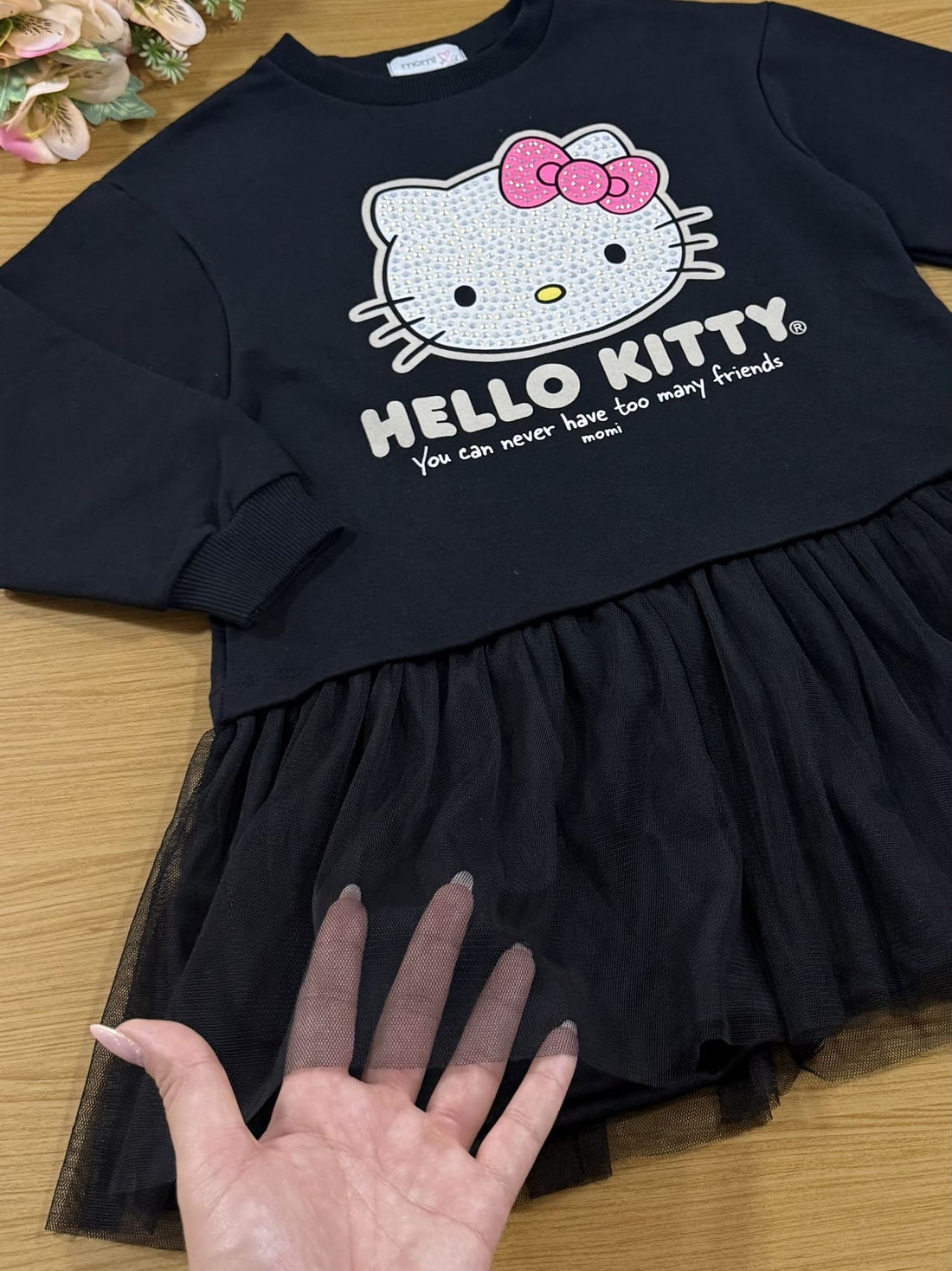 Vestido Infantil Momi Inverno Manga Longa Preto Hello Kitty Strass
