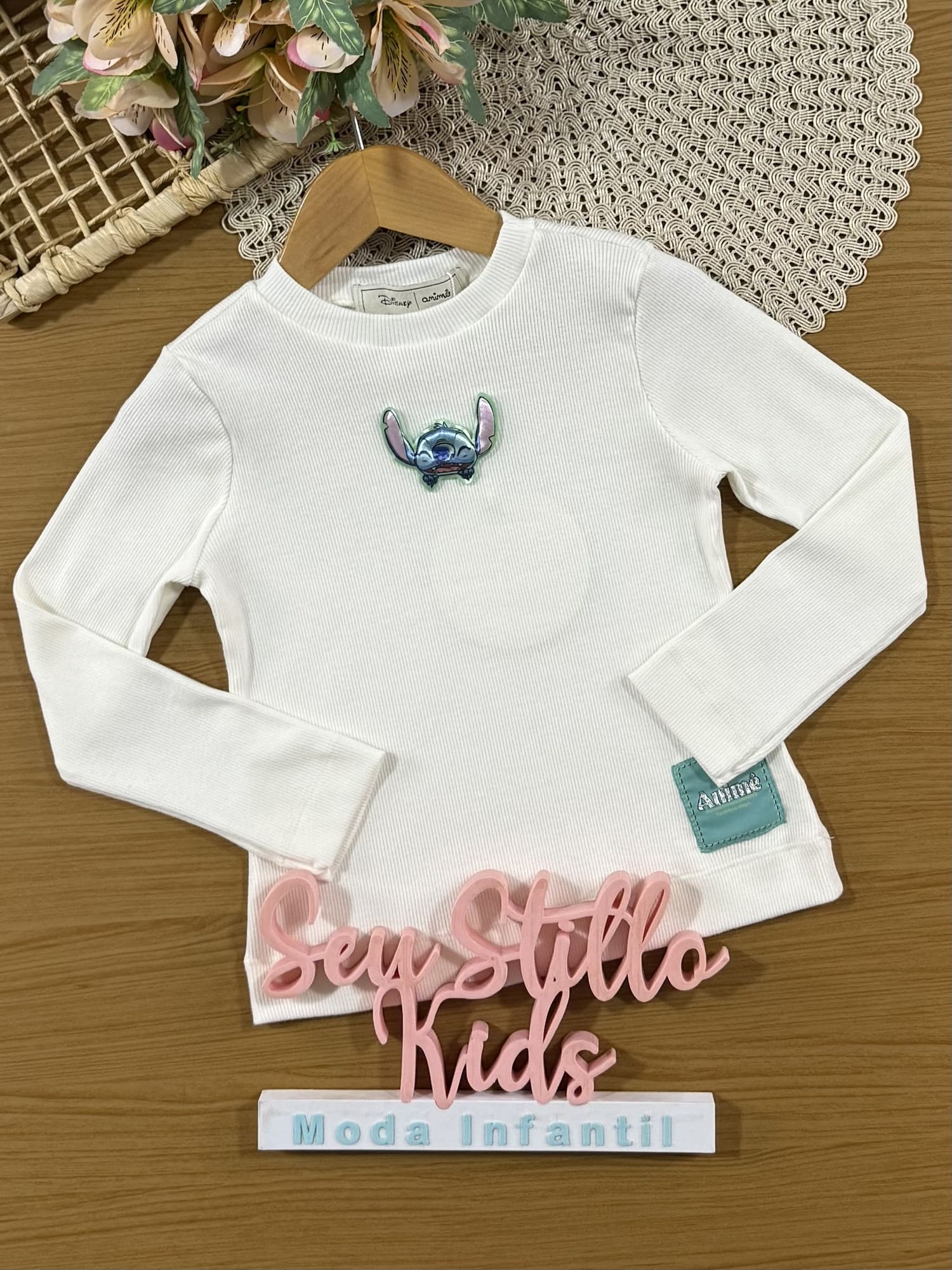Blusa Infantil Animê Inverno Manga Longa Branca Stitch Disney
