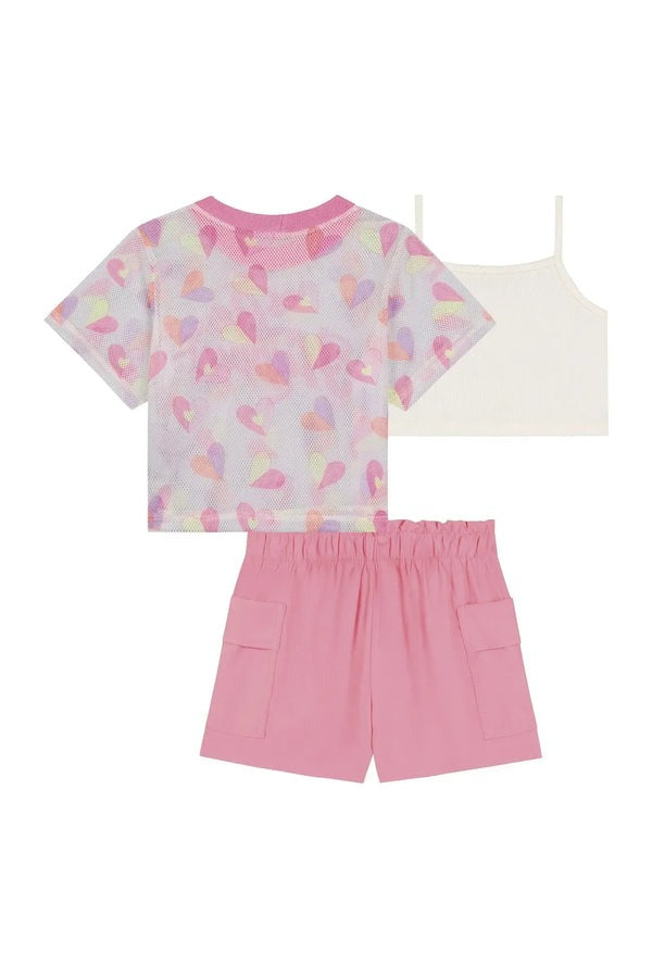 Conjunto Infantil Kukiê Verão, Shorts Rosa Top Branco e Sobreposição em Tela Corações