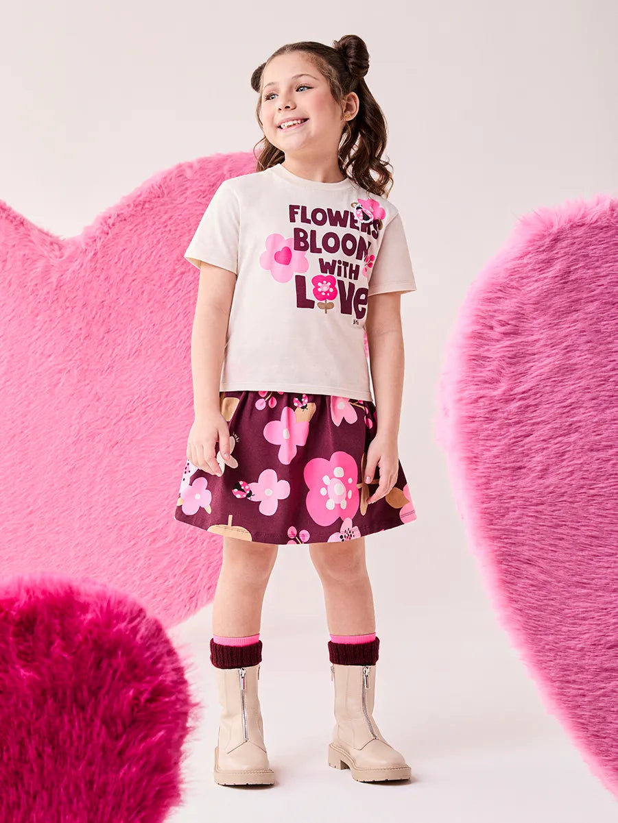 Conjunto Infantil Bimbi Inverno com Saia e Blusa Manga Flowers