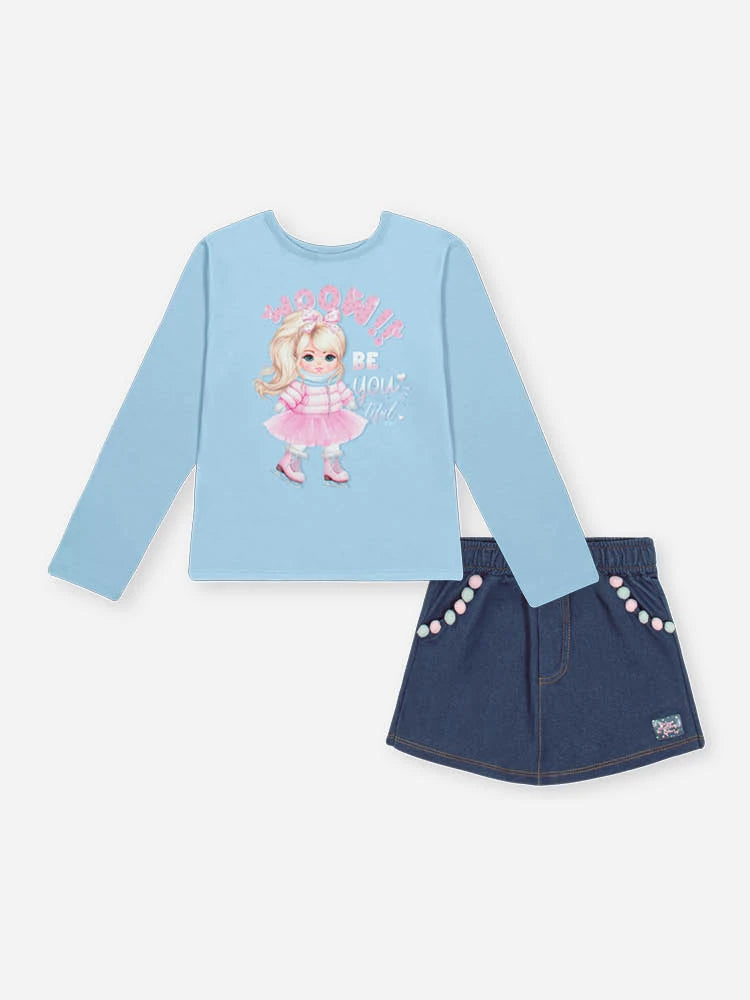 Conjunto Infantil Cinti Inverno com Shorts Saia e Blusa Manga Longa Azul Menininha