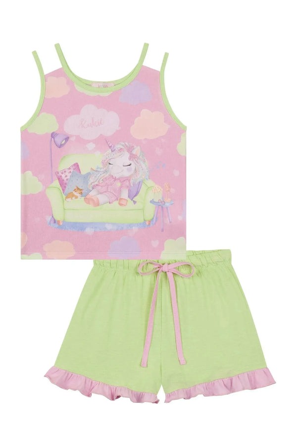 Pijama Infantil Kukiê Verão com Shorts Verde e Regata Rosa Unicórnio Hora de Dormir