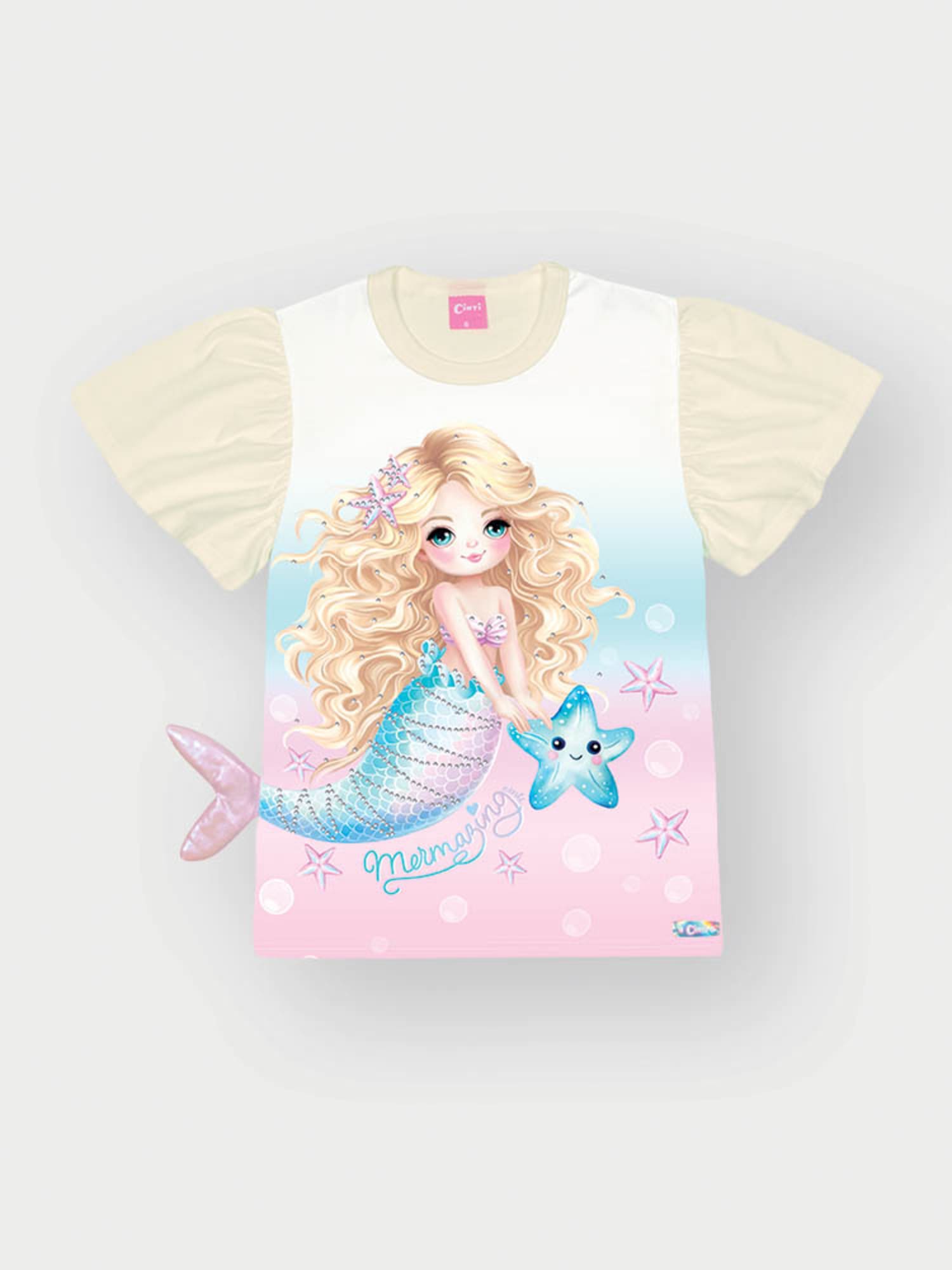Conjunto Infantil Cinti Verão com Calça Rosa Holográfica e Blusa Branca Sereia