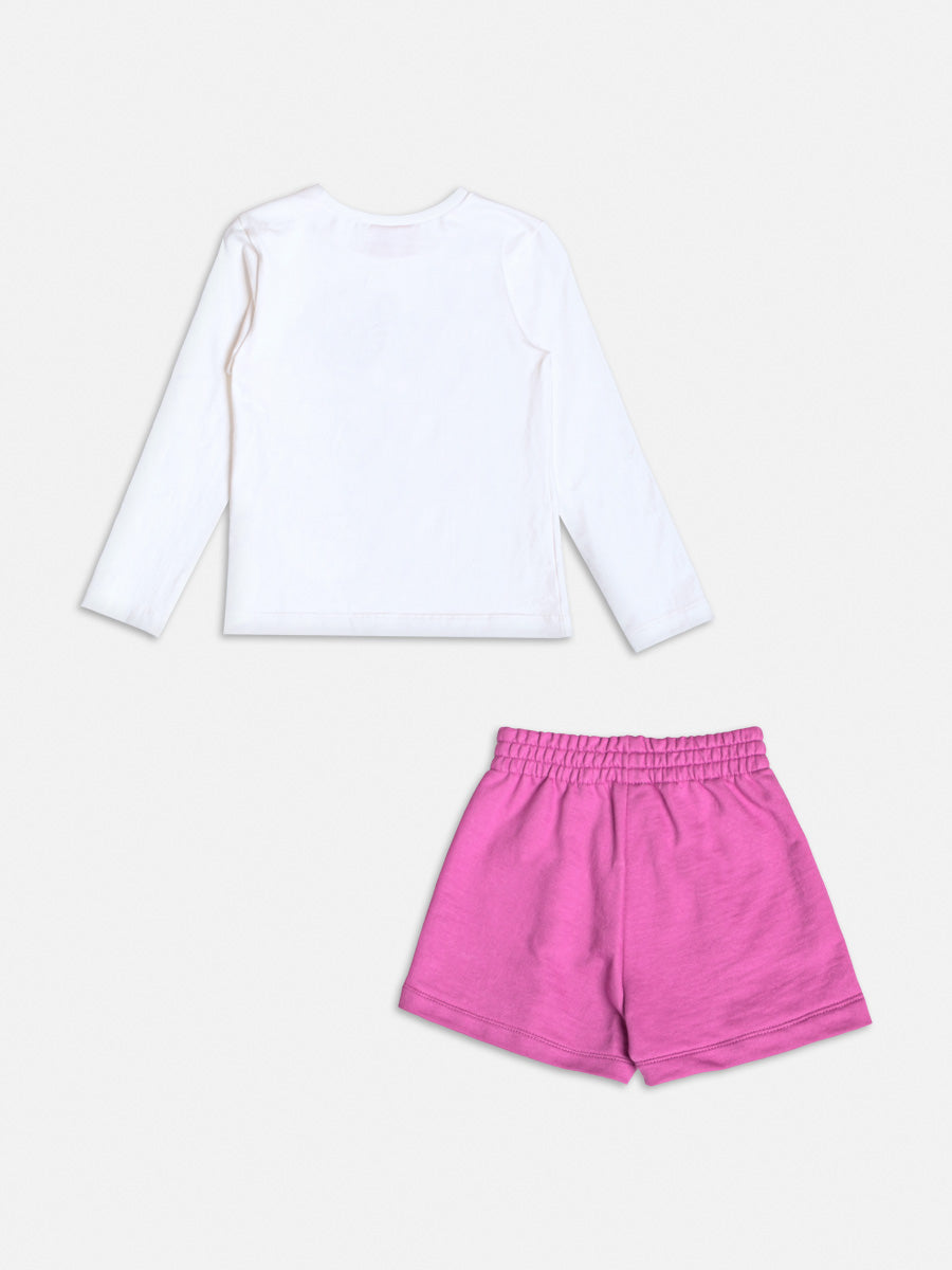 Conjunto Infantil Momi Inverno com Shorts Lilás e Blusa Branca Coração
