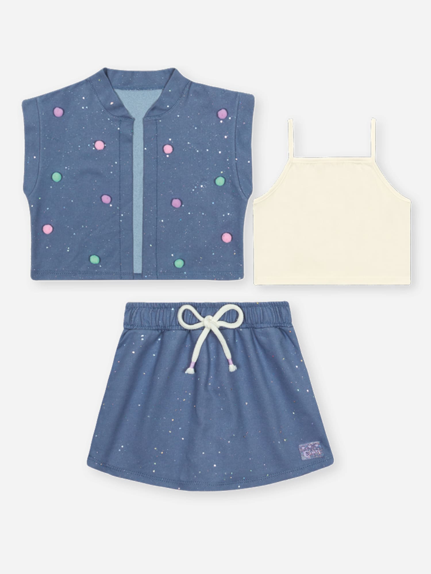 Conjunto Infantil Cinti Verão com Shorts Saia e Cropped com Colete Azul