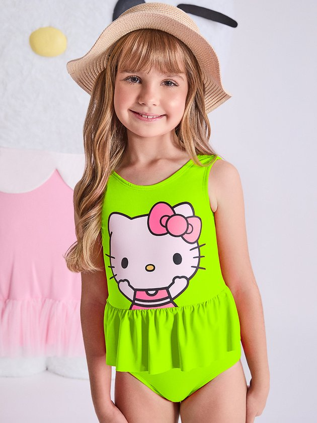Maiô Infantil Momi Verão Amarelo Neon com Babado Hello Kitty