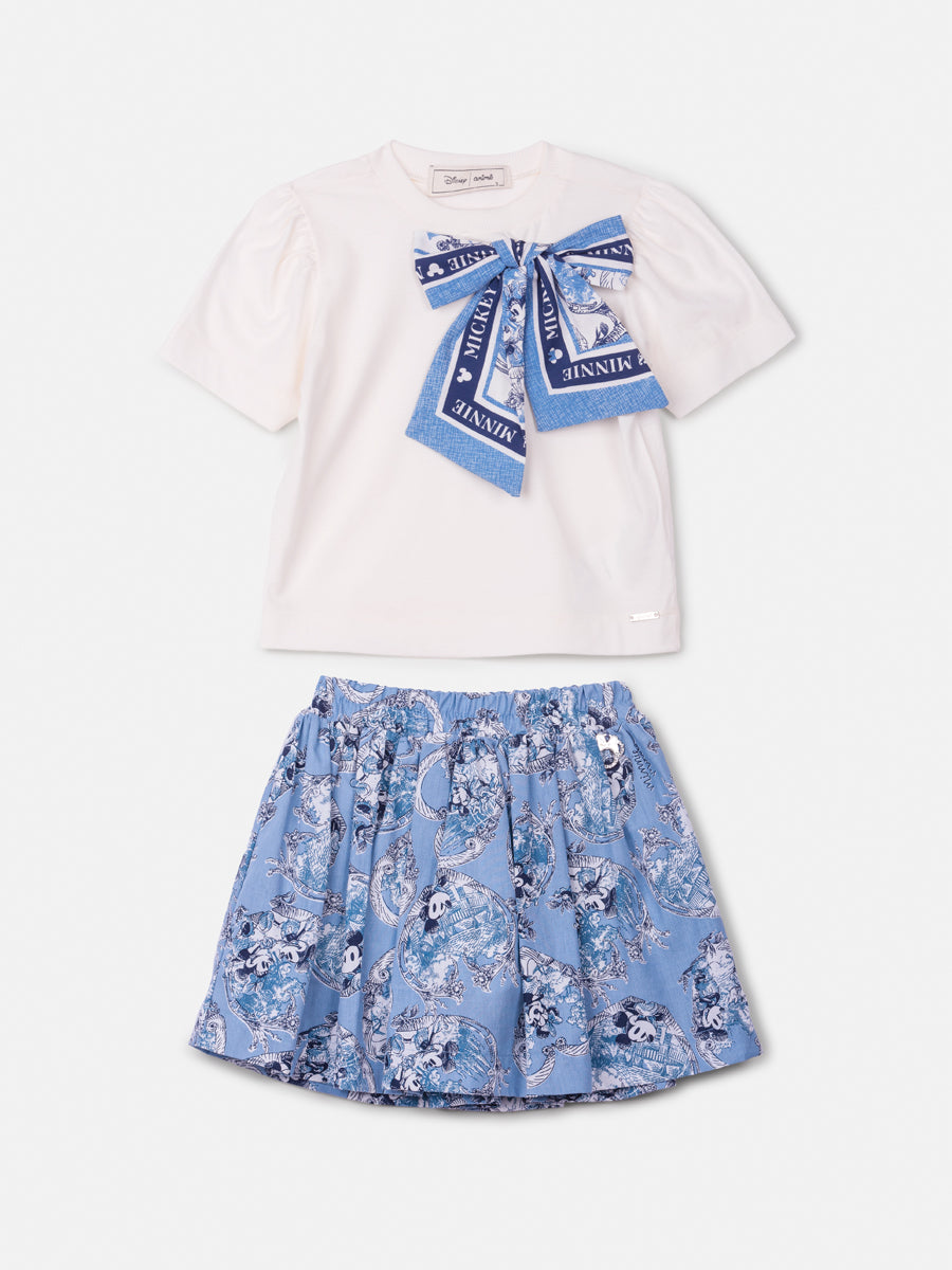 Conjunto Infantil Animê Inverno Saia Azul e Blusa Lacinho Mickey e Minnie Disney