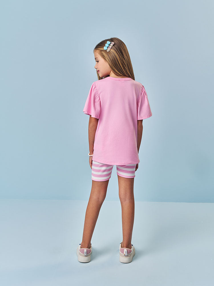 Conjunto Infantil Cinti Verão com Shorts Ciclista Listrado e Blusa Rosa Ursinha Floral