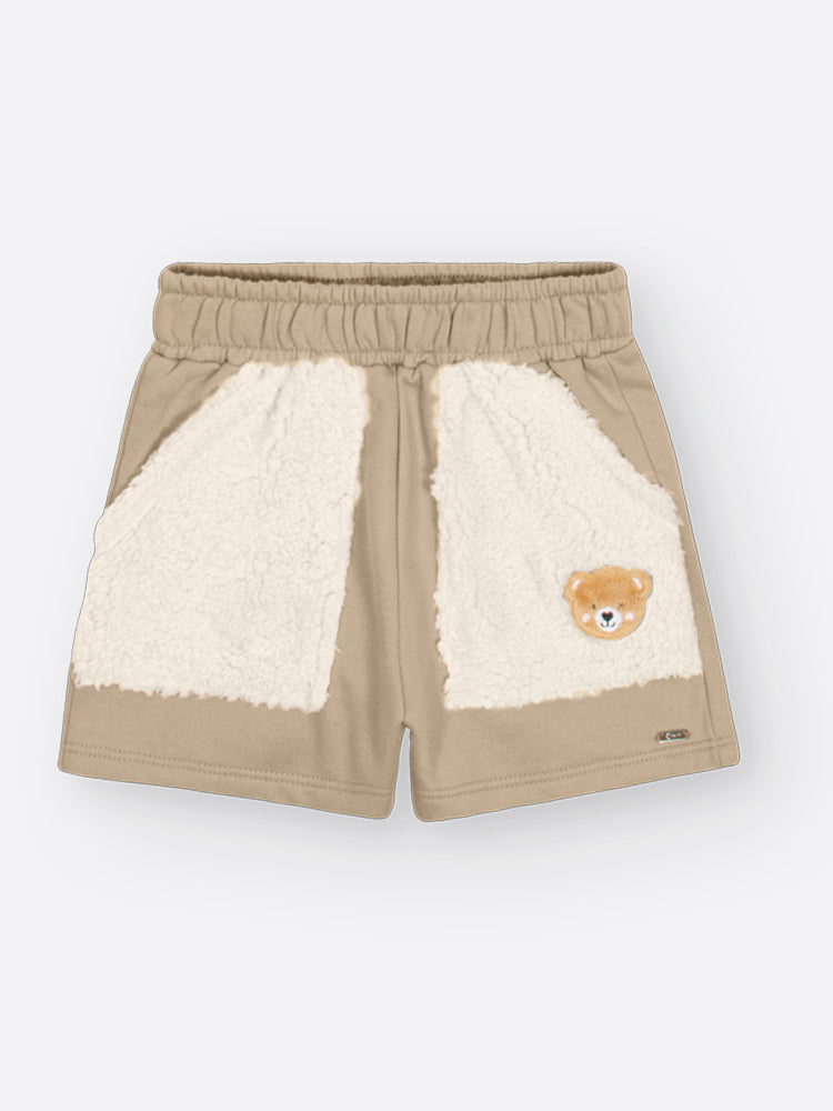 Conjunto Infantil Cinti Inverno com Shorts Bege e Blusa Manga Longa Branca Ursinha Floral