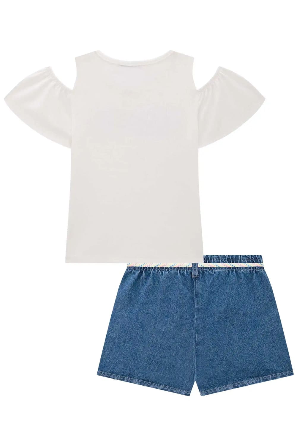 Conjunto Infantil Kukie Verão Shorts Jeans e Blusa Branca Florzinha
