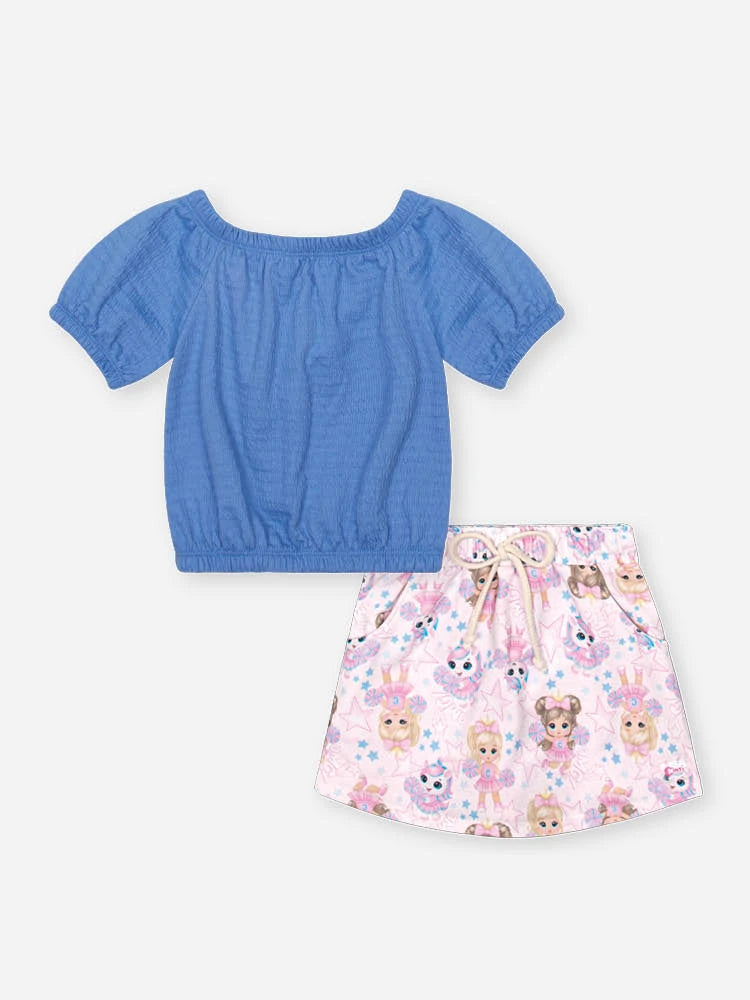 Conjunto Infantil Cinti Verão com Shorts Estampado Lider de Torcida e Blusa Azul