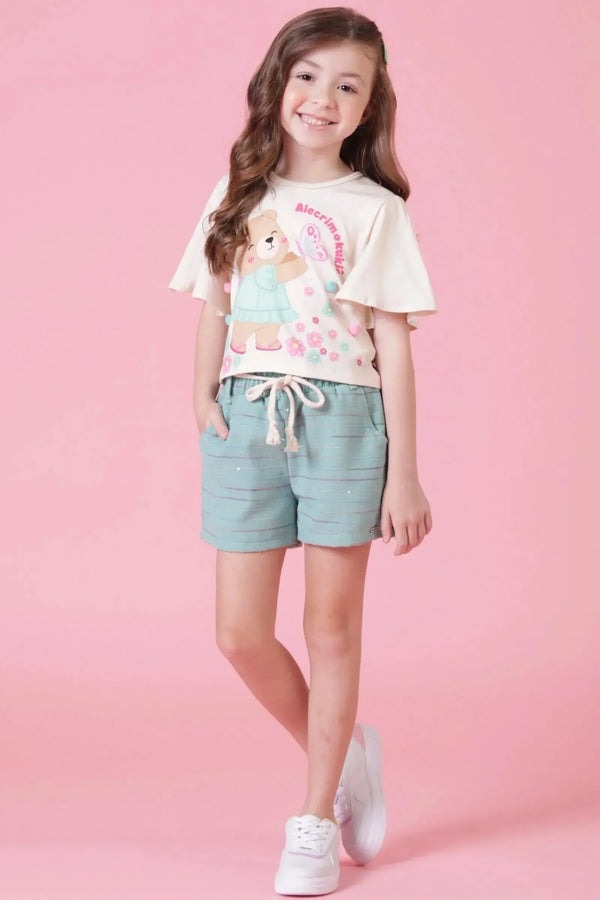 Conjunto Infantil Kukiê Verão com Shorts Verde e Blusa Bege Ursinha Borboleta