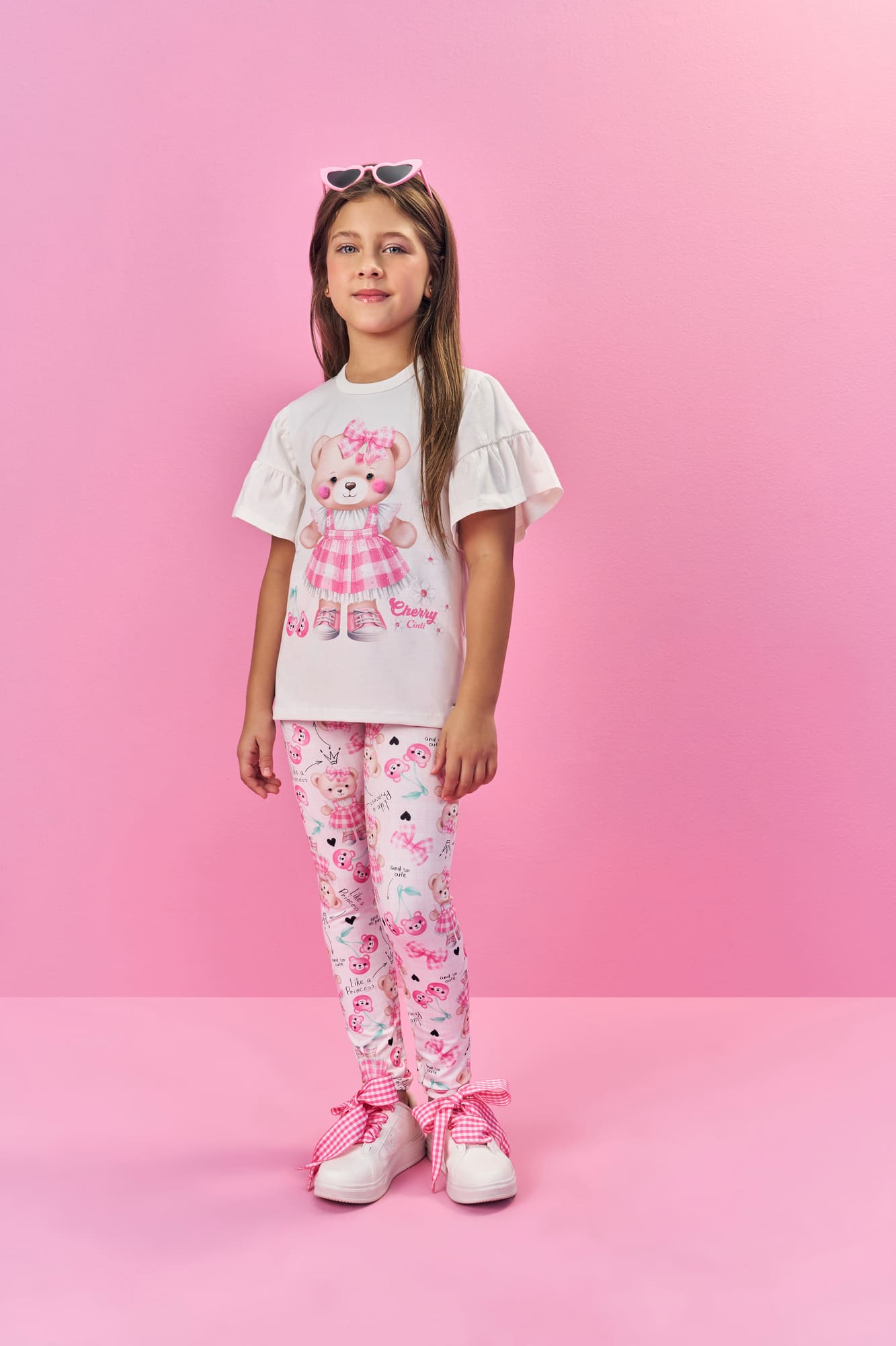 Conjunto Infantil Cinti com Calça Rosa e Blusa Branca Ursinha com Strass