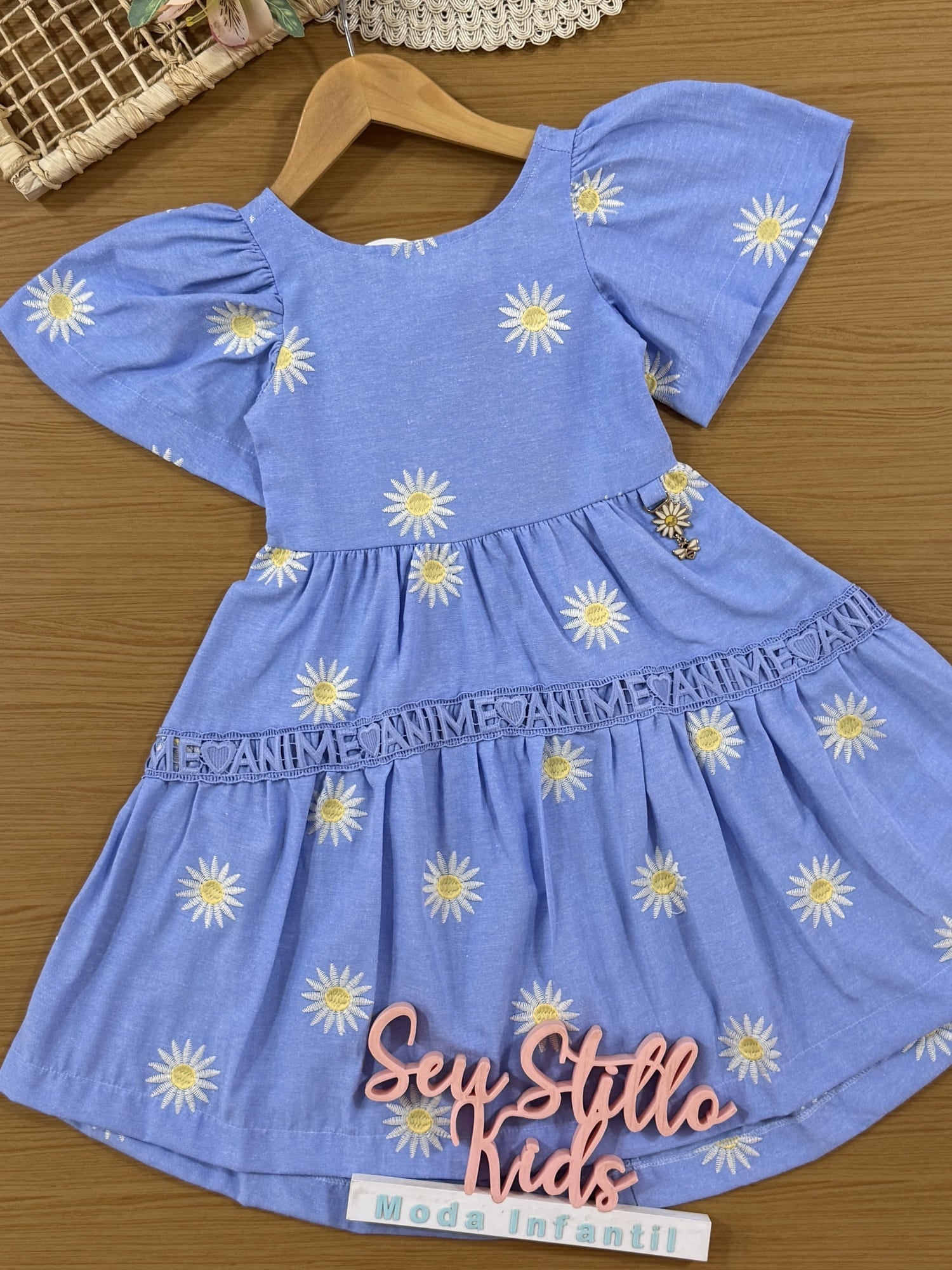 Vestido Infantil Animê Verão Azul Florzinha
