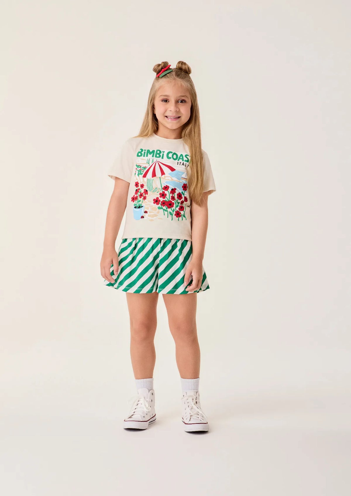 Conjunto Infantil Menina Bimbi Shorts Listrado Verde e Blusa Bege Praia