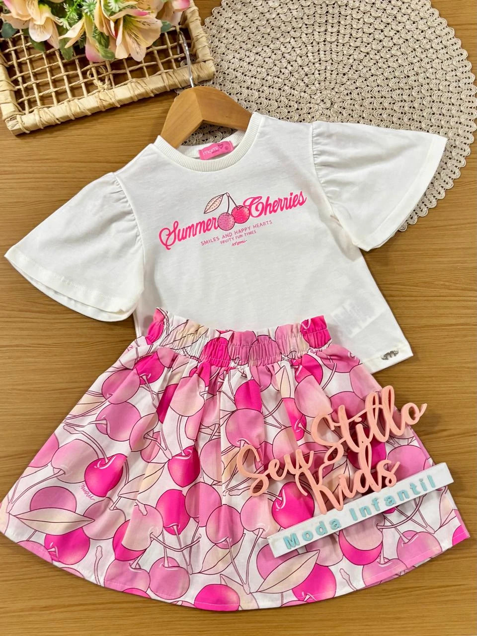 Conjunto Infantil Menina Momi com Saia e Blusa Summer Cherries