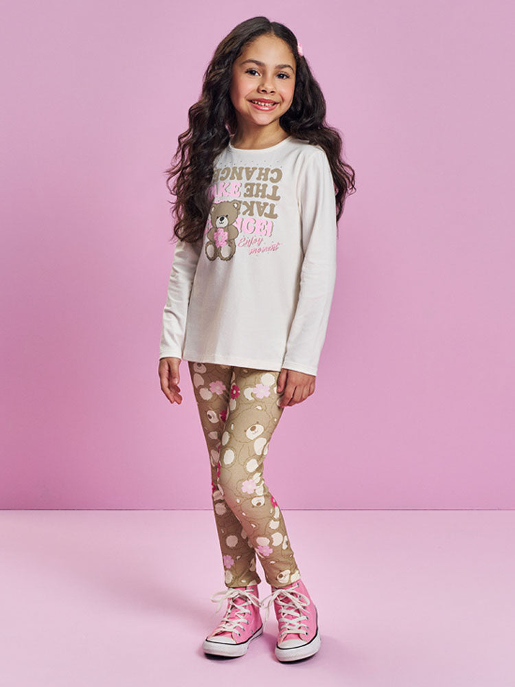 Conjunto Infantil Cinti Inverno com Calça Legging Bege e Blusa Manga Longa Ursinha