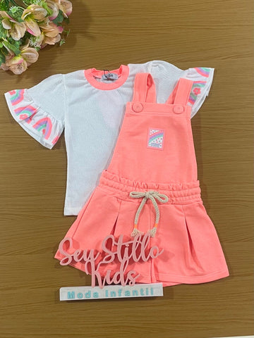 Jardineira Infantil Kukie Verão Com Blusa Arco Irís