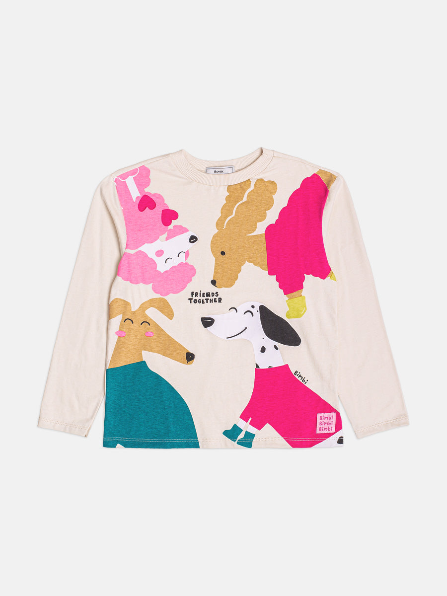 Blusa Infantil Bimbi Inveno Manga Longa Bege Cachorrinhos Friends