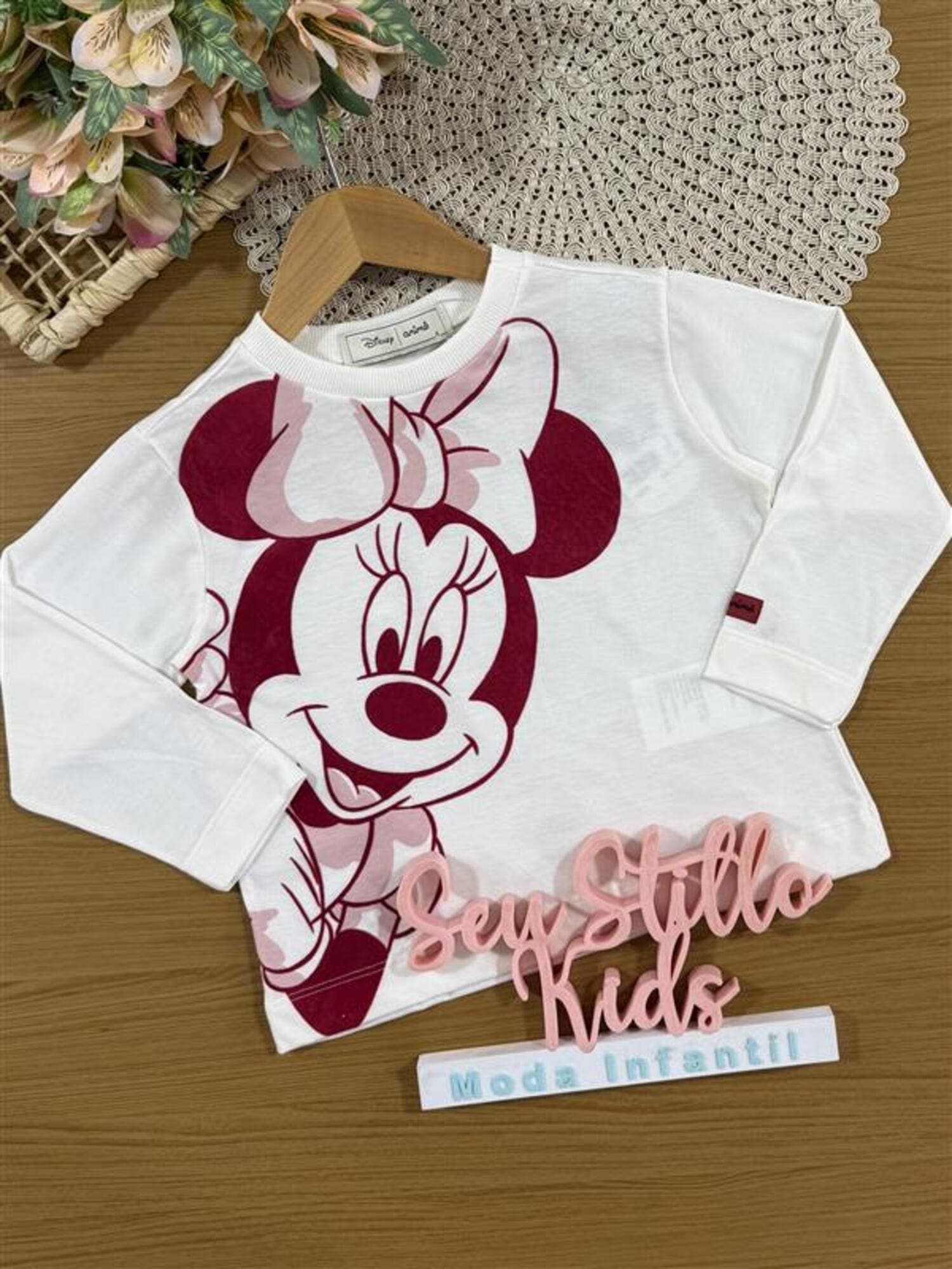 Blusa Infantil Animê Inverno Manga Longa Branca Minnie Disney