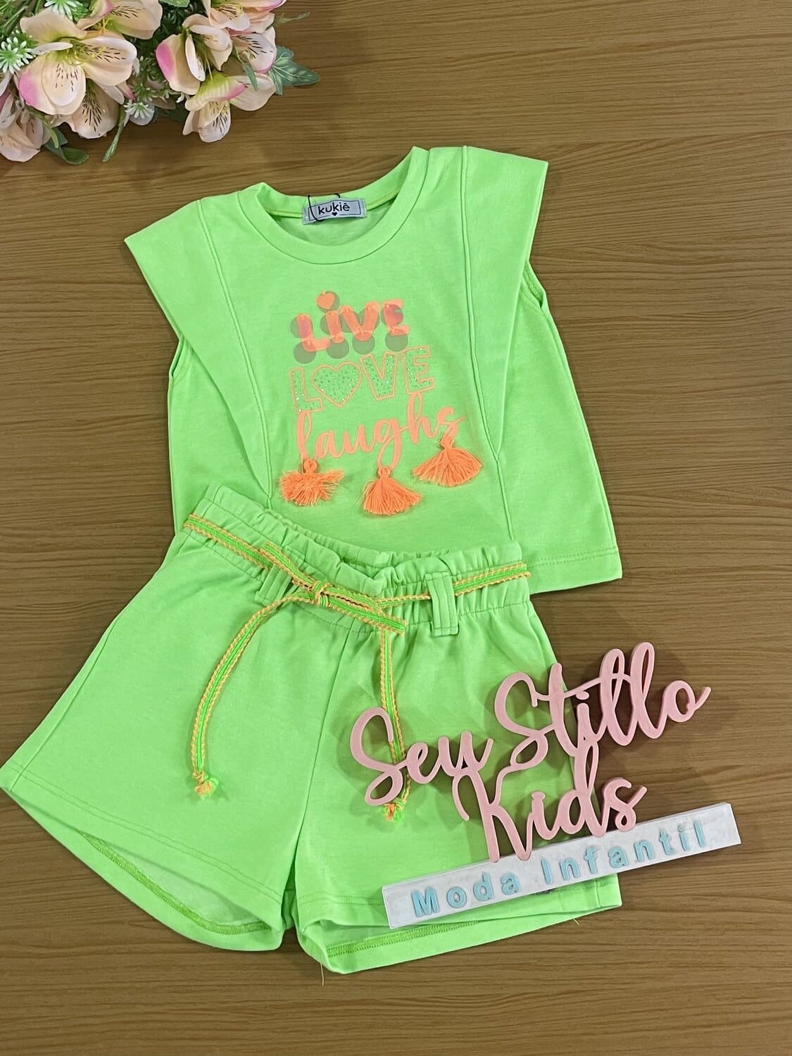 Conjunto Infantil Kukie Shorts e Blusa Verde Love
