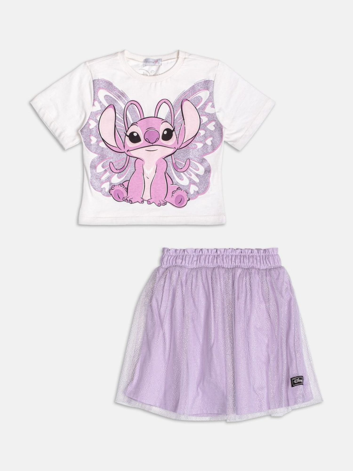 Conjunto Infantil Momi Verão com Saia em Tule Lilás e Blusa Branca Angel