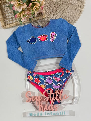 Biquíni Infantil Siri Kids Cropped Manga Magali Sea Jeans 43146