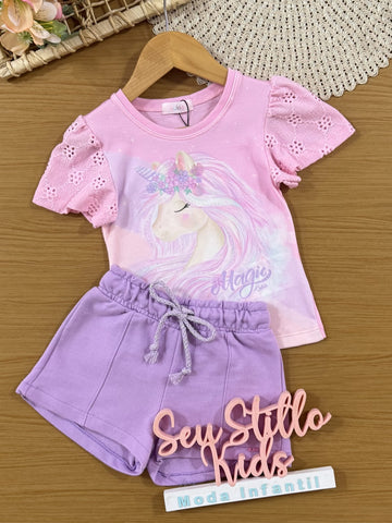 Conjunto Infantil Kukiê Verão com Shorts Lilás e Blusa Rosa Unicórnio