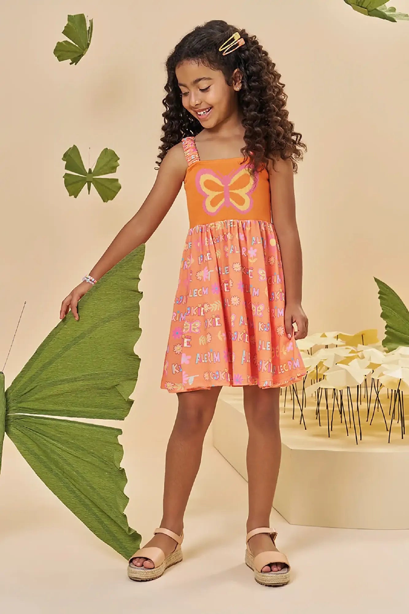 Vestido Infantil Kukiê Verão Laranja Borboletinha