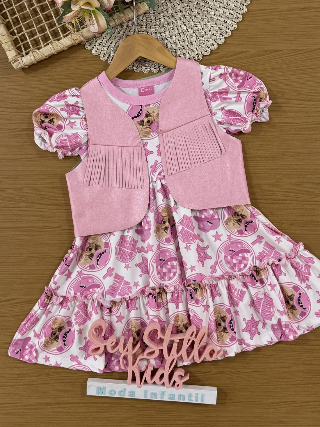 Vestido Infantil Cinti Verão Rosa Cachorrinha Cowboy com Colete