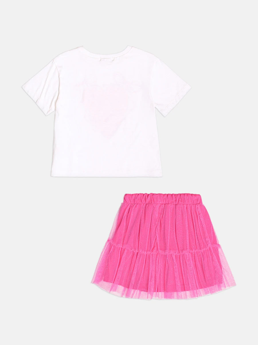 Conjunto Infantil Momi Inverno com Saia Rosa em Tule e Blusa Manga Curta Coração