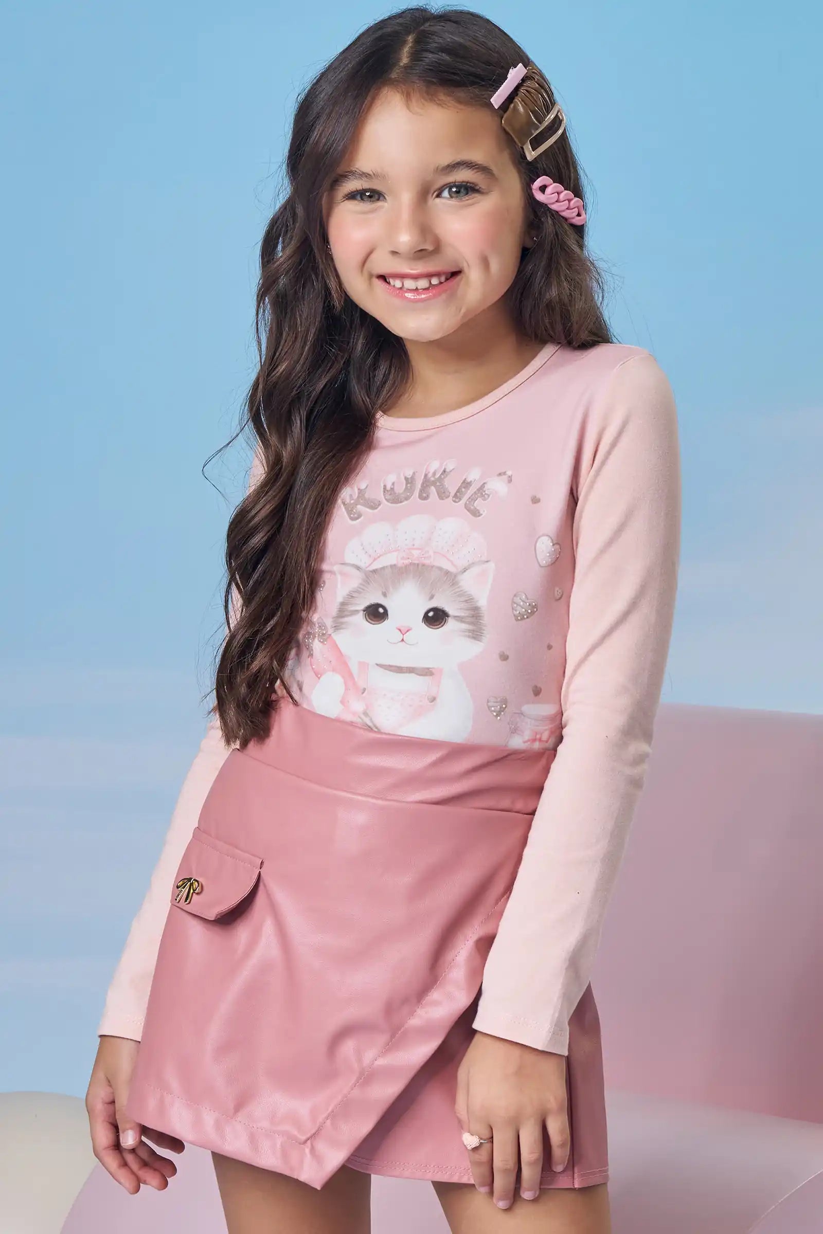 Blusa Infantil Kukiê Inverno Manga Longa Rosa Gatinha Docinhos