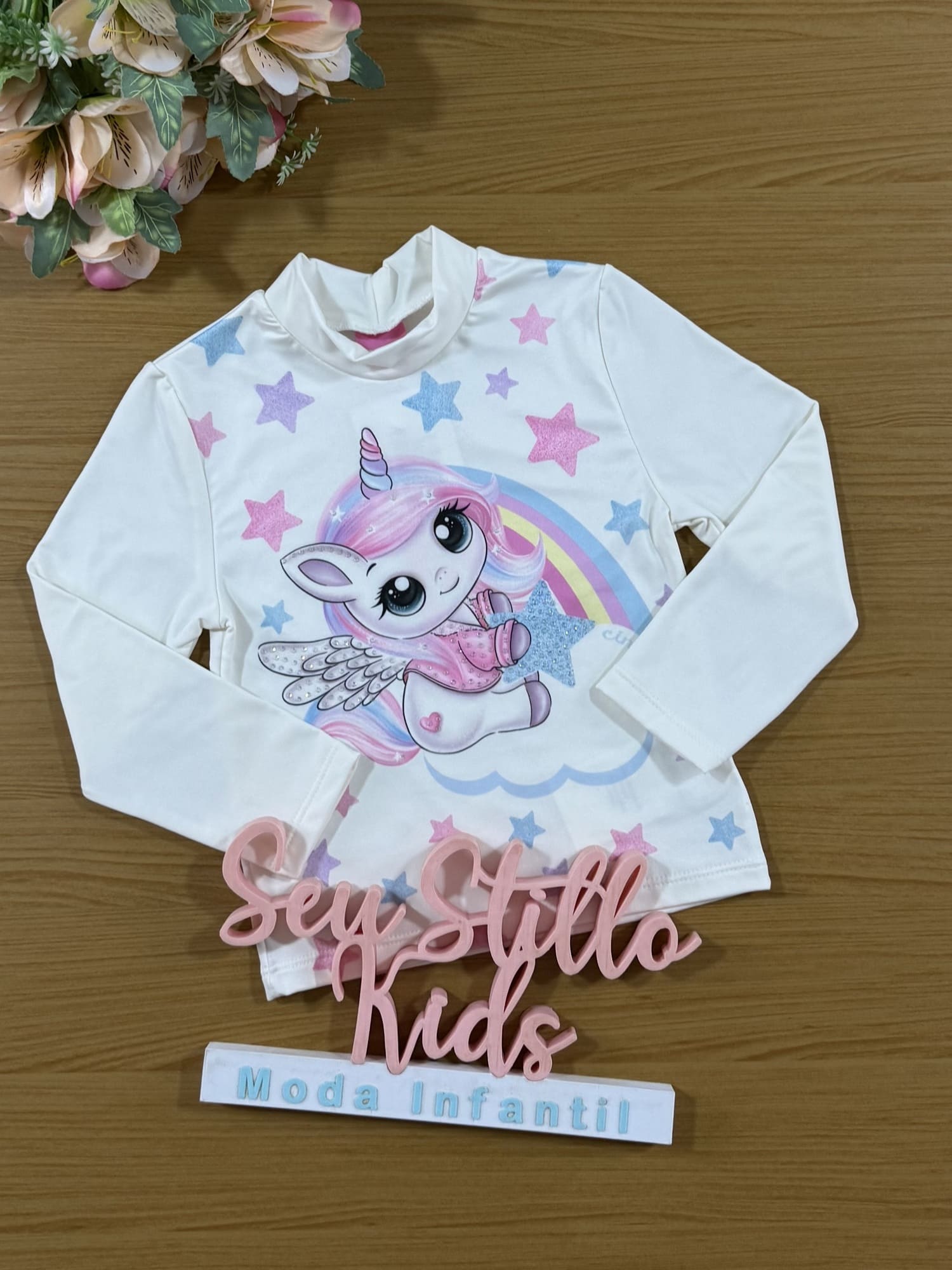 Blusa Infantil Cinti Inverno Manga Longa Térmica Off White Unicórnio