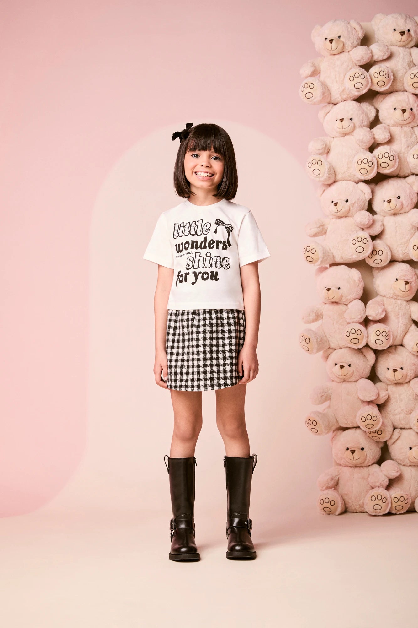 Conjunto Infantil Momi Inverno Shorts Saia Xadrez e Blusa Manga Curta Little Wonders Shine