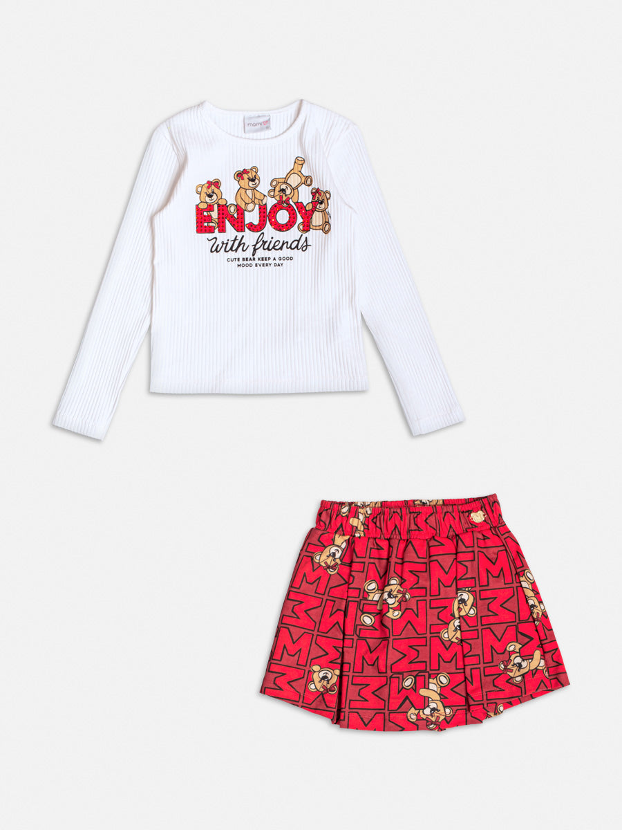 Conjunto infantil Momi Inverno Shorts Saia Vermelho Blusa Manga Longa Urso Enjoy