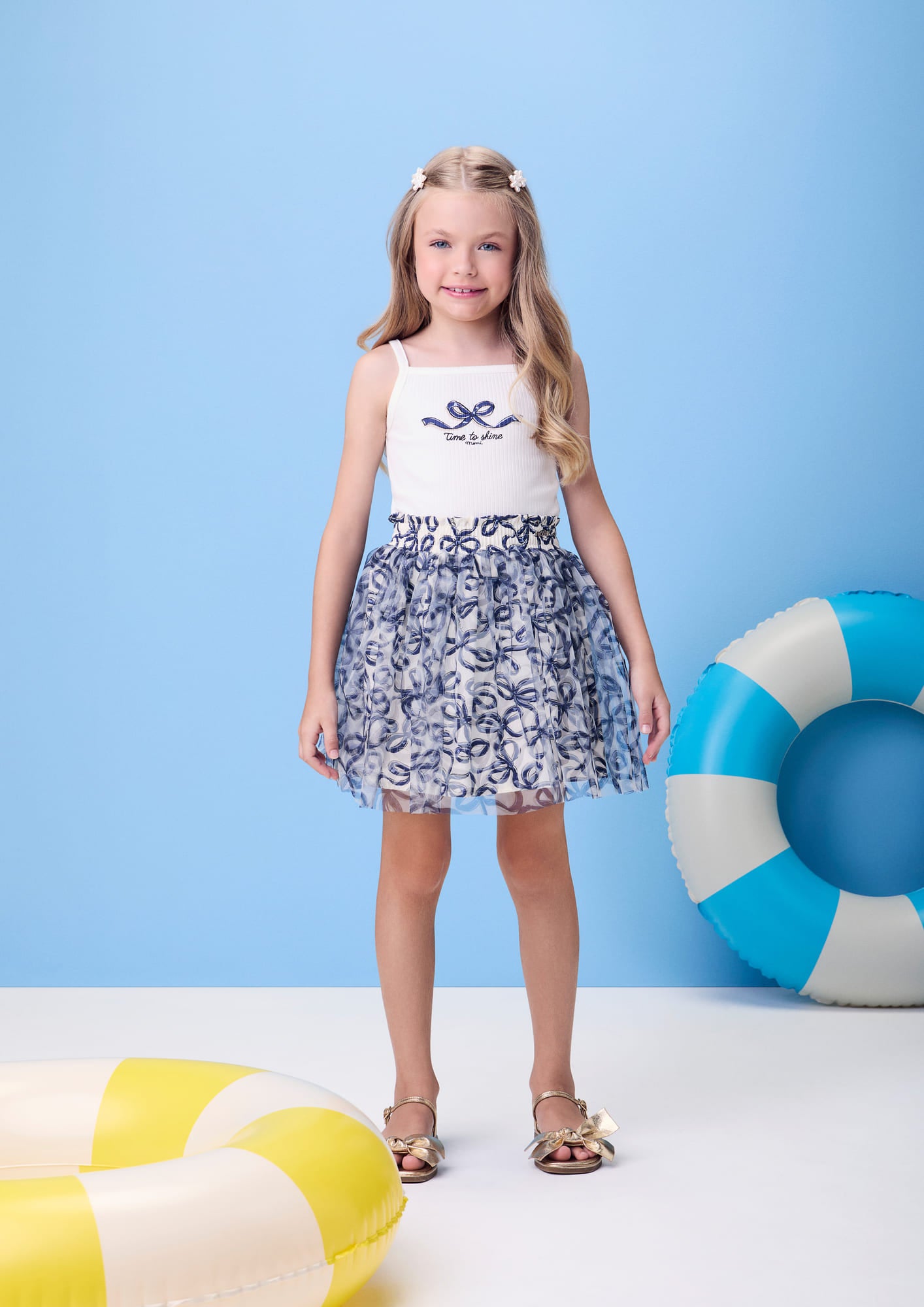 Conjunto Infantil Momi Verão com Saia em Tule e Regata Branca Lacinho