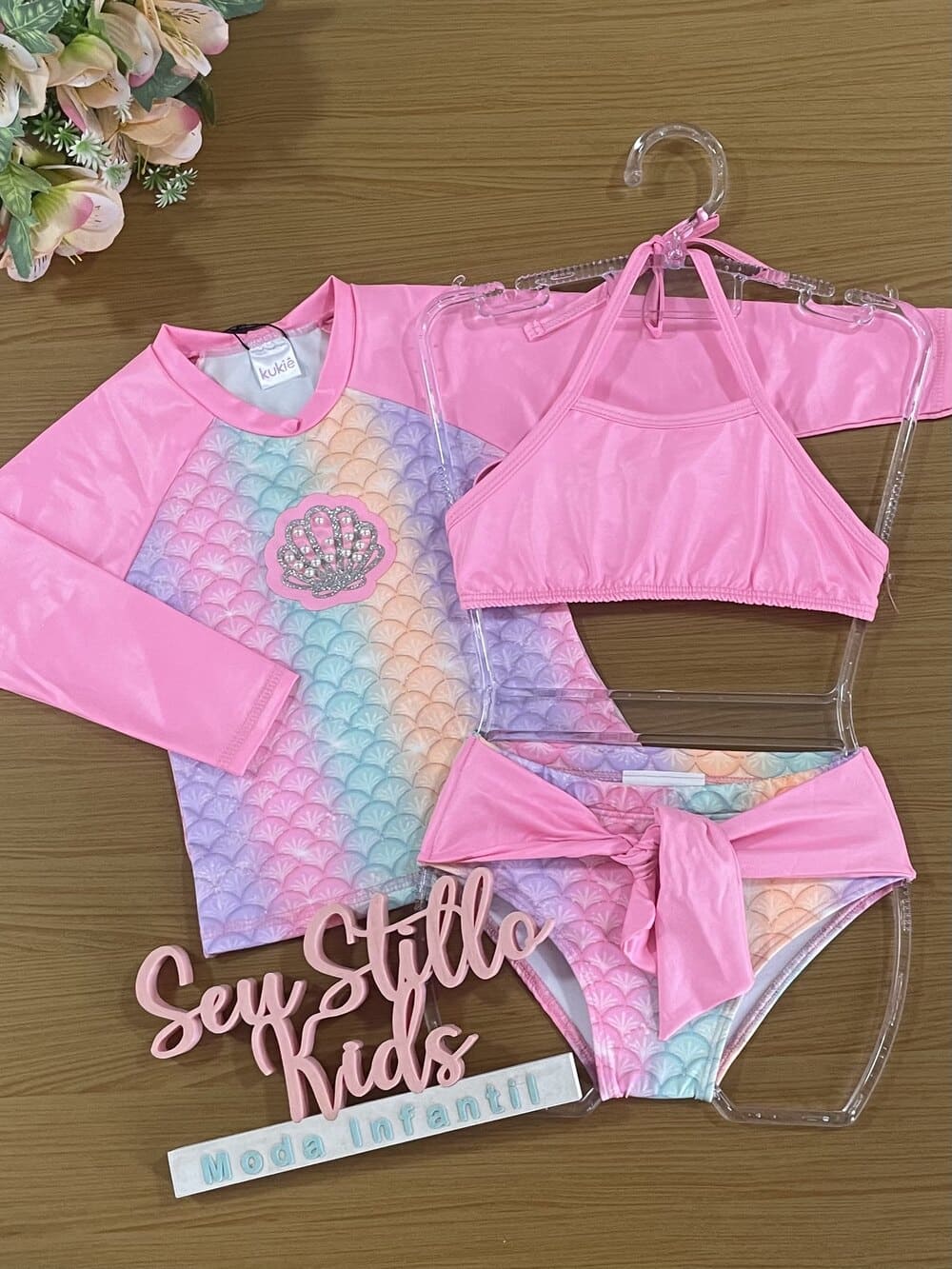 Biquíni Infantil Kukie Verão Com Blusa Manga Longa Rosa Sereia