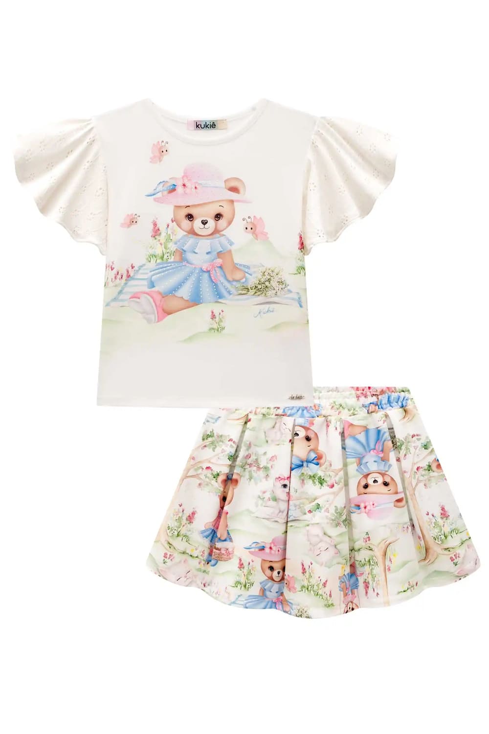 Conjunto Infantil Kukie Verão Com Saia e Blusa Ursinha Piquenique