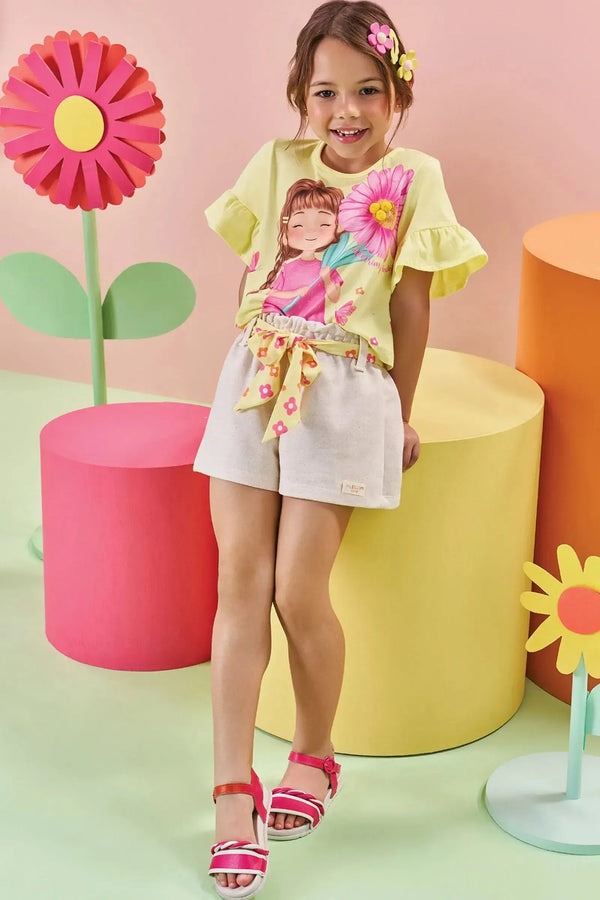 Conjunto Infantil Kukiê Verão com Shorts Off White e Blusa Amarela Menina Floral