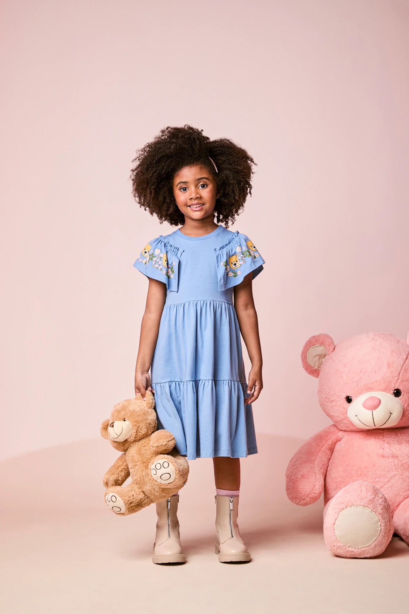 Vestido Infantil Momi Inverno com Babado Azul Ursinho Floral