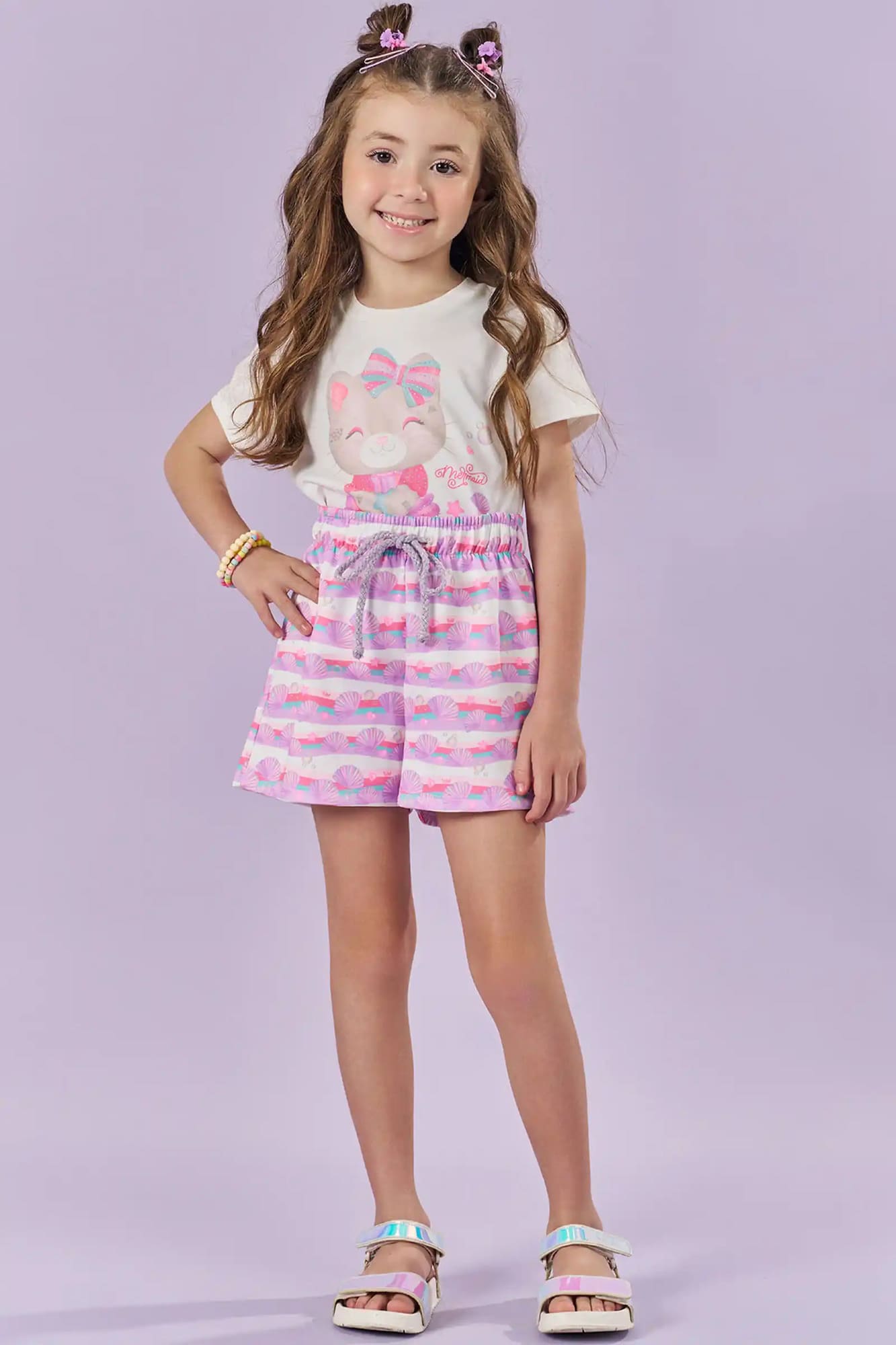 Conjunto Infantil Kukiê Verão com Shorts Listrado e Blusa Branca Gatinha Sereia