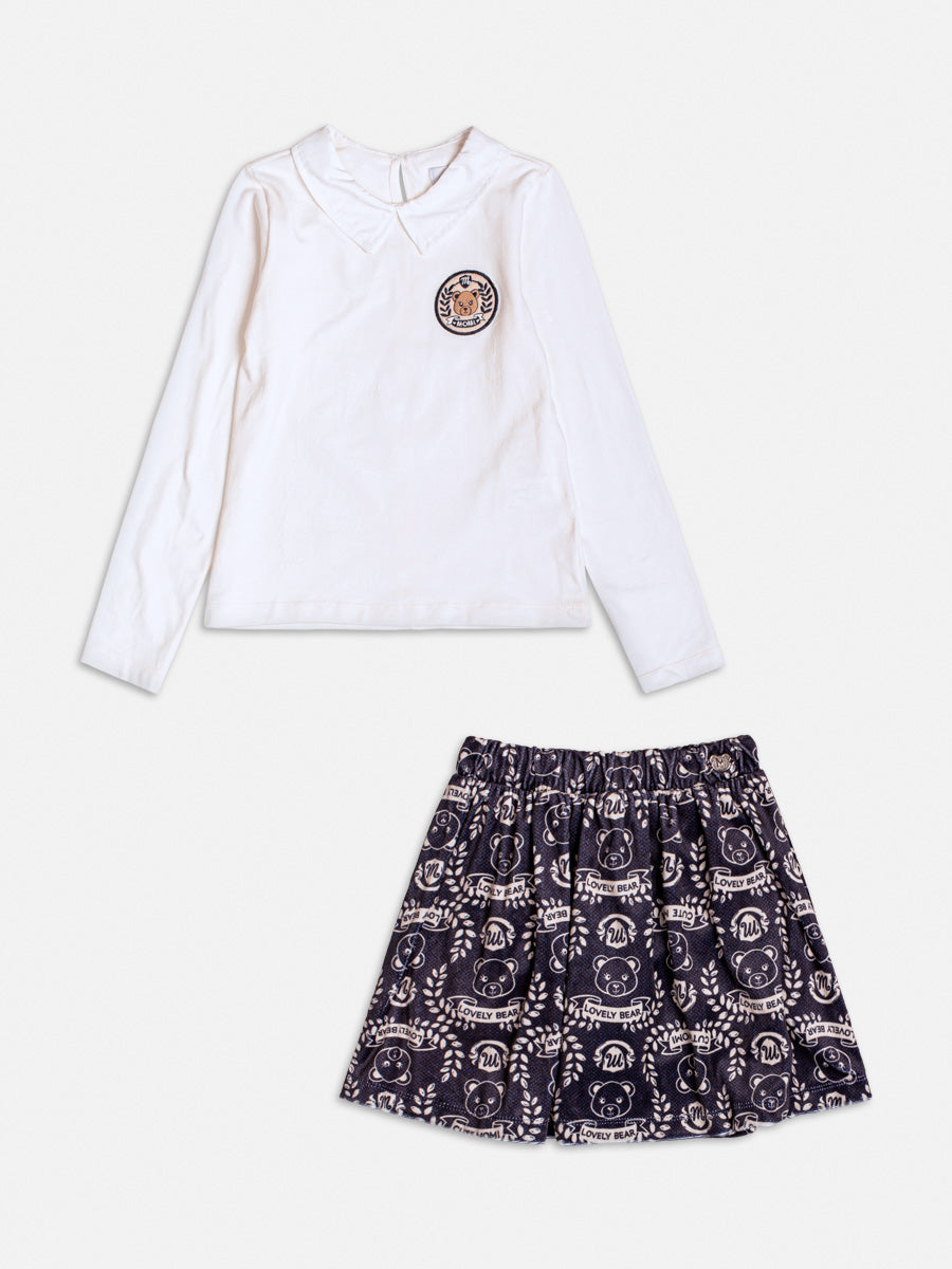 Conjunto Infantil Momi Inverno Saia com Shorts Embutido Azul e Blusa Manga Longa Patch Ursinho