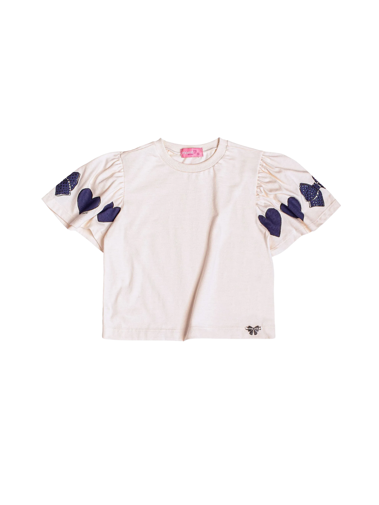 Blusa Infantil Momi Inverno Manga Curta Bege Corações Azul