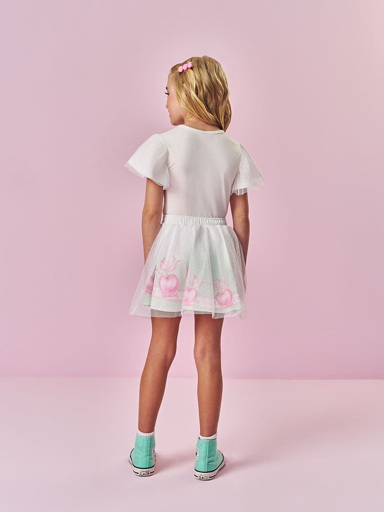 Conjunto Infantil Cinti Verão com Saia em Tule Verde e Blusa Branca Lacinho