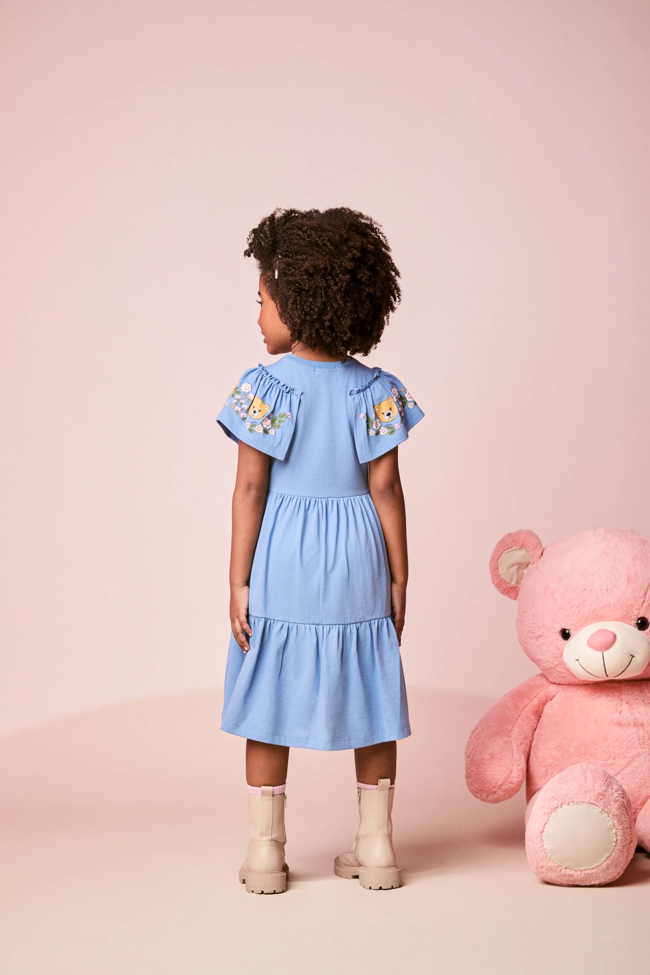 Vestido Infantil Momi Inverno com Babado Azul Ursinho Floral