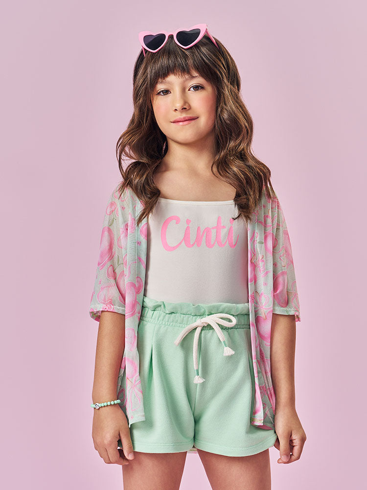 Conjunto Infantil Cinti Verão Shorts Verde, Blusa e Kimono Docinhos