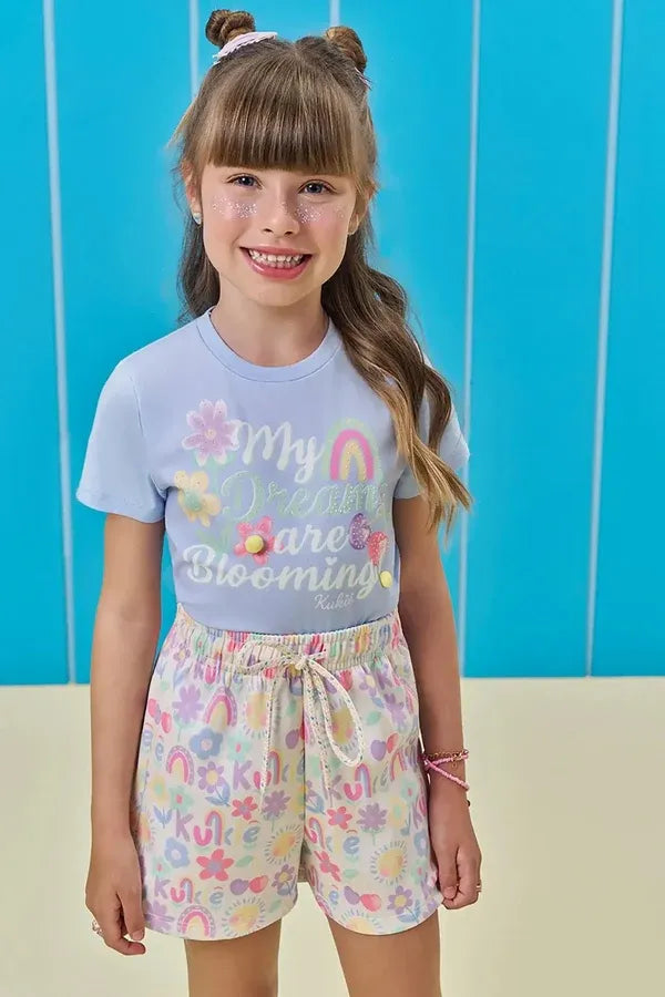 Conjunto Infantil Menina Kukiê com Shorts e Blusa Azul Flozinha Arco-íris