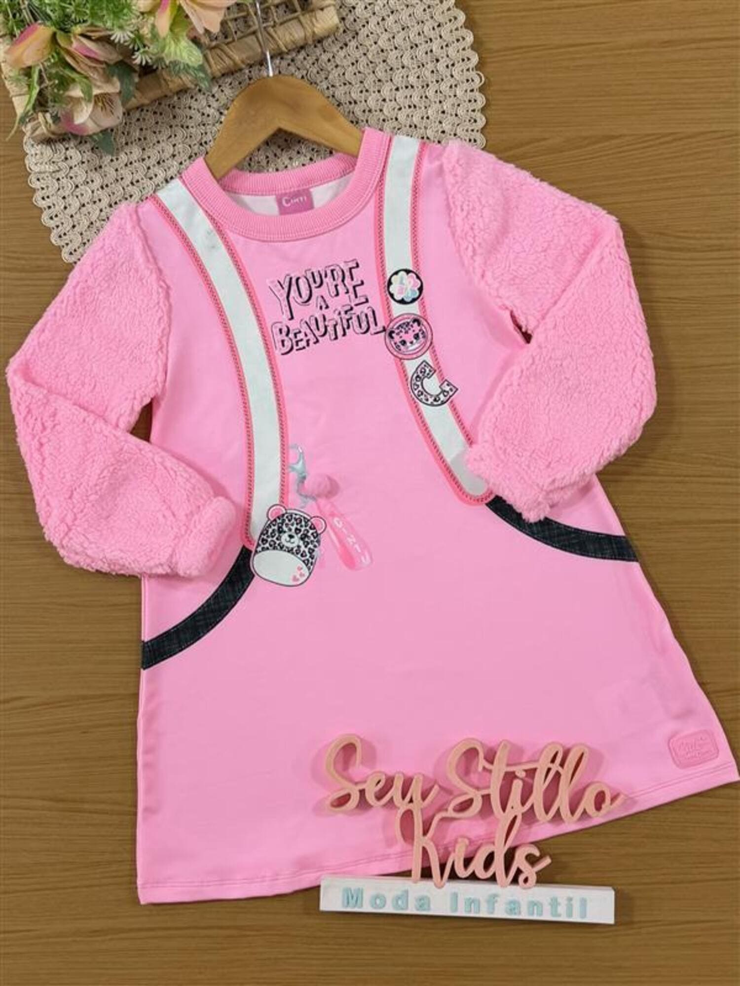 Vestido Infantil Cinti Inverno Flanelado Rosa Mochilinha