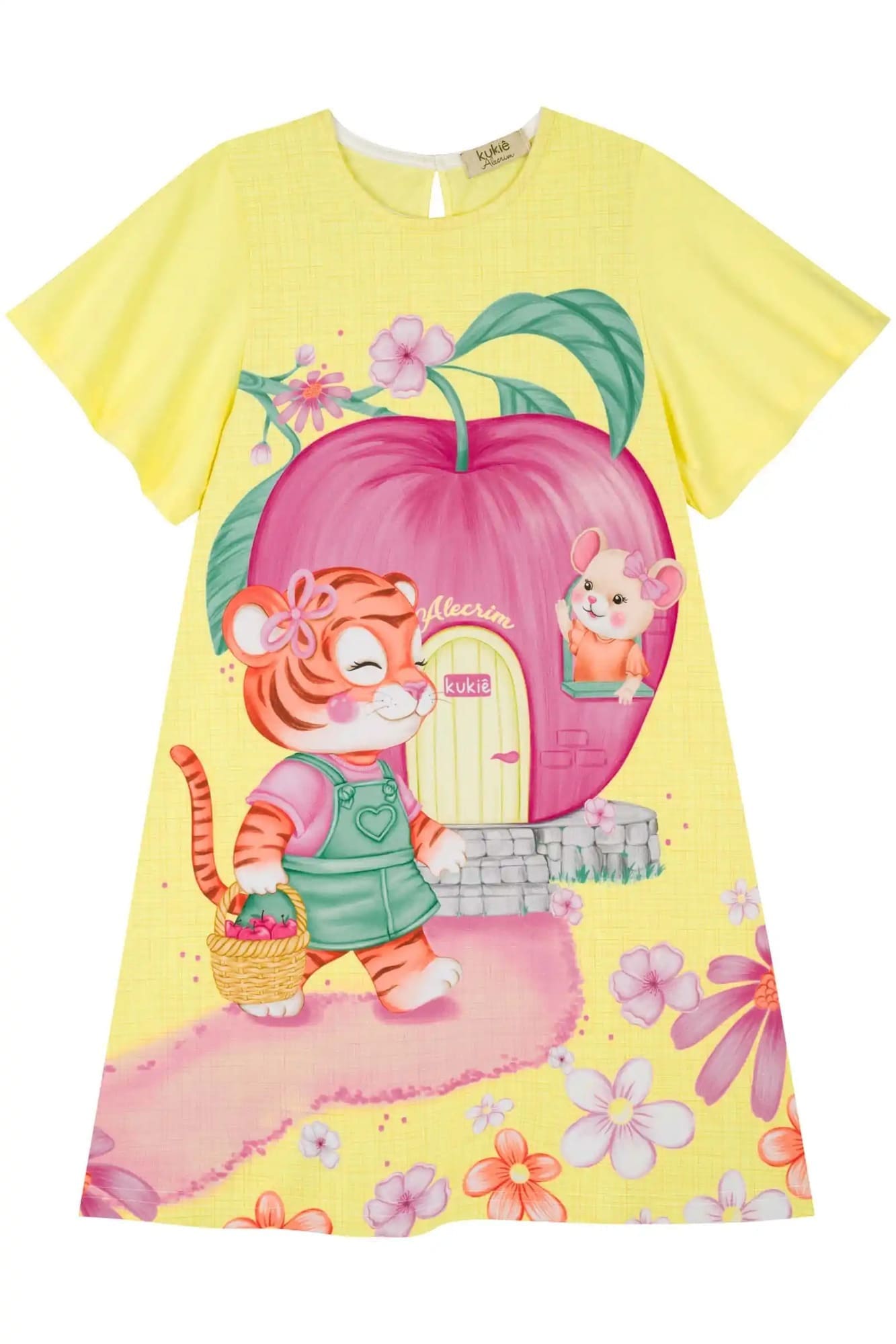 Vestido Infantil Kukiê Verão Vestido Amarelo Casinha de Maça com Colete jeans