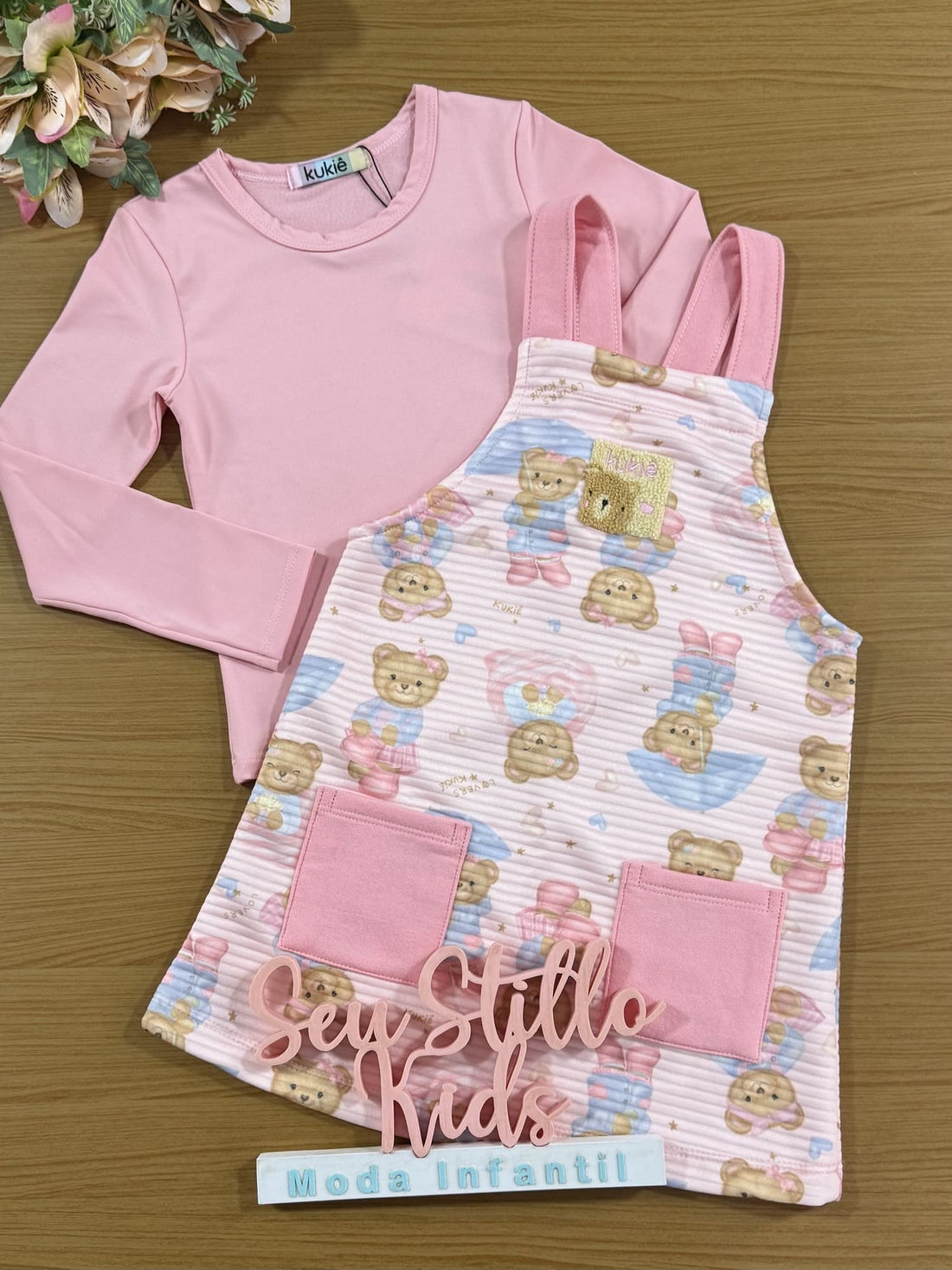 Salopete Infantil Kukiê Inverno com Blusa Térmica Rosa Ursinhos